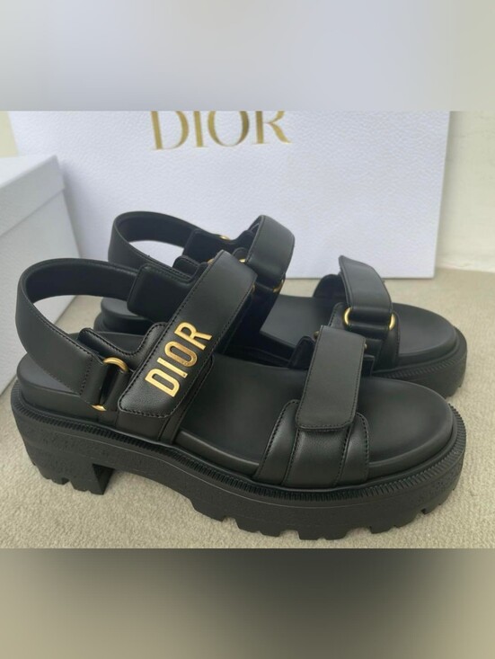 Dior Shoes - Dior Black Leather Platform Sandals with Gold Logo